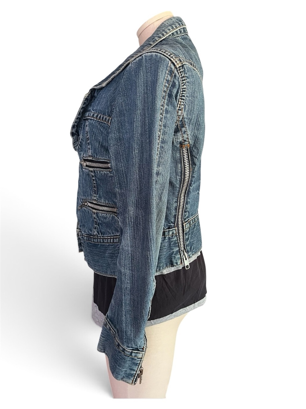 Levi's Red Label Distressed Blue Denim Multi Zipper Moto Jacket - Picture 2 of 10